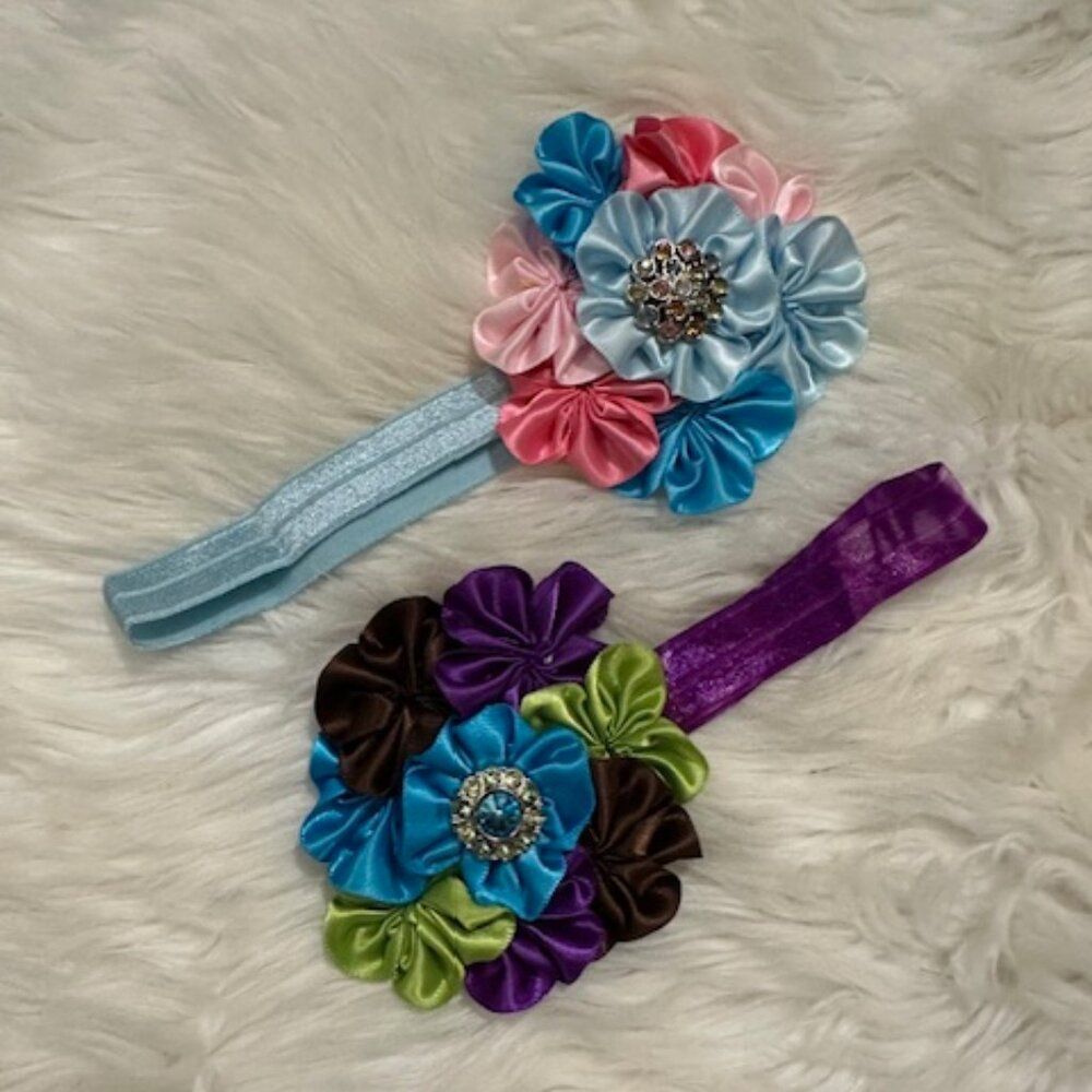 Bundle (2) of 3 1/2" Satin Flower Cluster on FOE Headband   HB8261  Handmade NWT